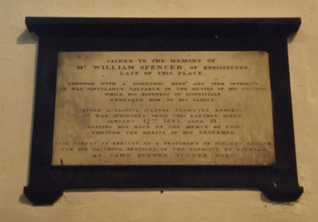 Plaque to William Spencer in Sapcote Church